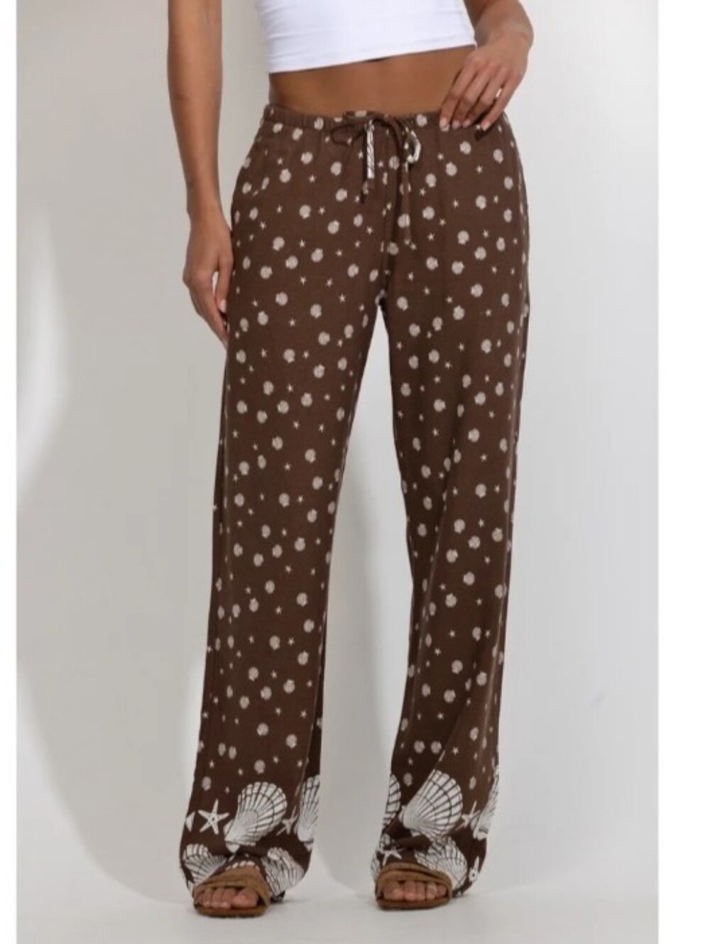 Cali1850 brown and white seashell print rayon and linen blend beach pants